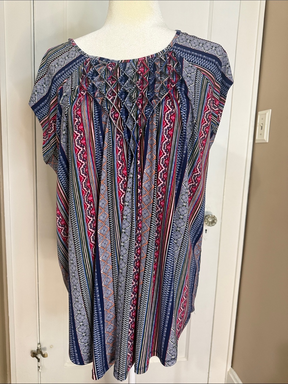 Premise Navy Blue Pink Striped Smocked Blouse